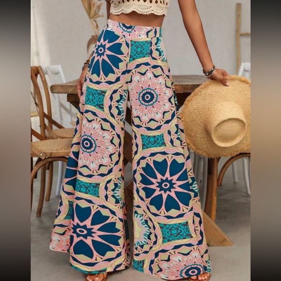 Boho floral mandala print wide leg palazzo pants